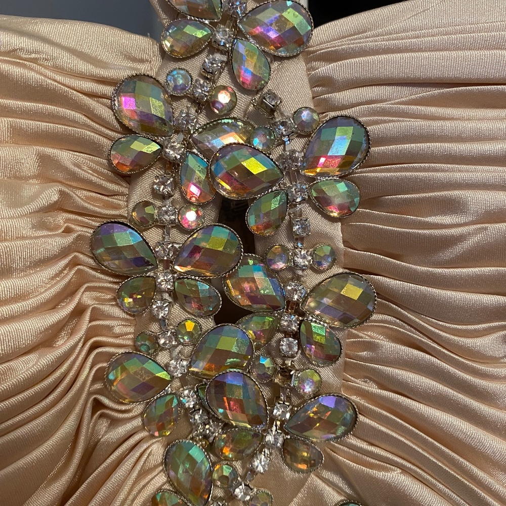 Champagne Ruched Rhinestone Bodice Dress - Picture 3 of 10